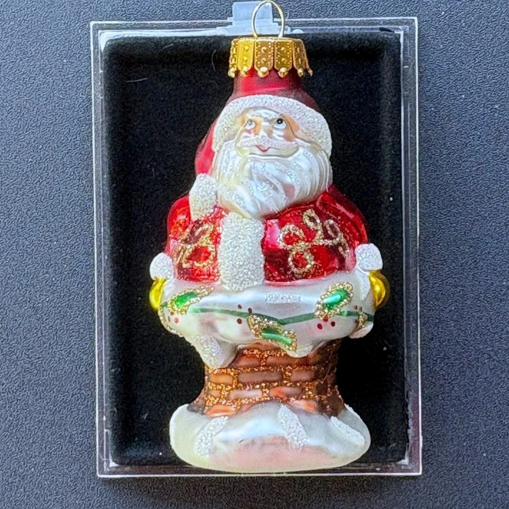 Vintage Style Blown Glass Santa in Chimney Christmas Ornament